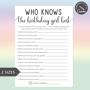 Who Knows The Birthday Girl Best Quiz Game | Canva Birthday Template | Trivia For Teens | Tween Birthday Game | Slumber Party Questions