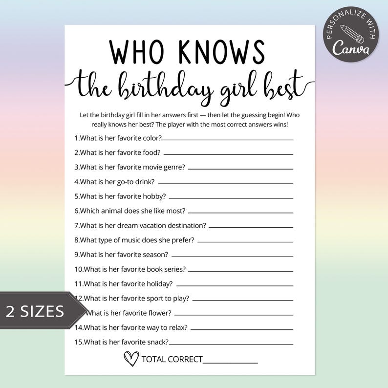 Who Knows The Birthday Girl Best Quiz Game | Canva Birthday Template | Trivia For Teens | Tween Birthday Game | Slumber Party Questions