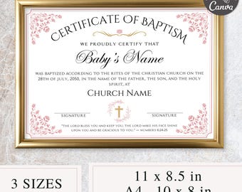 May include: A framed baptism certificate with a gold border. The certificate includes the text "Certificate of Baptism" and space for the baby's name and church details. Includes sizes 27.9 x 21.6 cm, A4, and 25.4 x 20.3 cm.