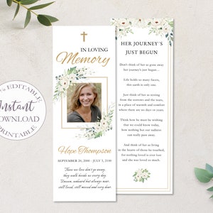 Funeral Bookmark Editable Template, Loss Of Mother Printable Bookmarks, Floral Funeral Keepsake Cards, Memorial Card Obituary Template.F-018