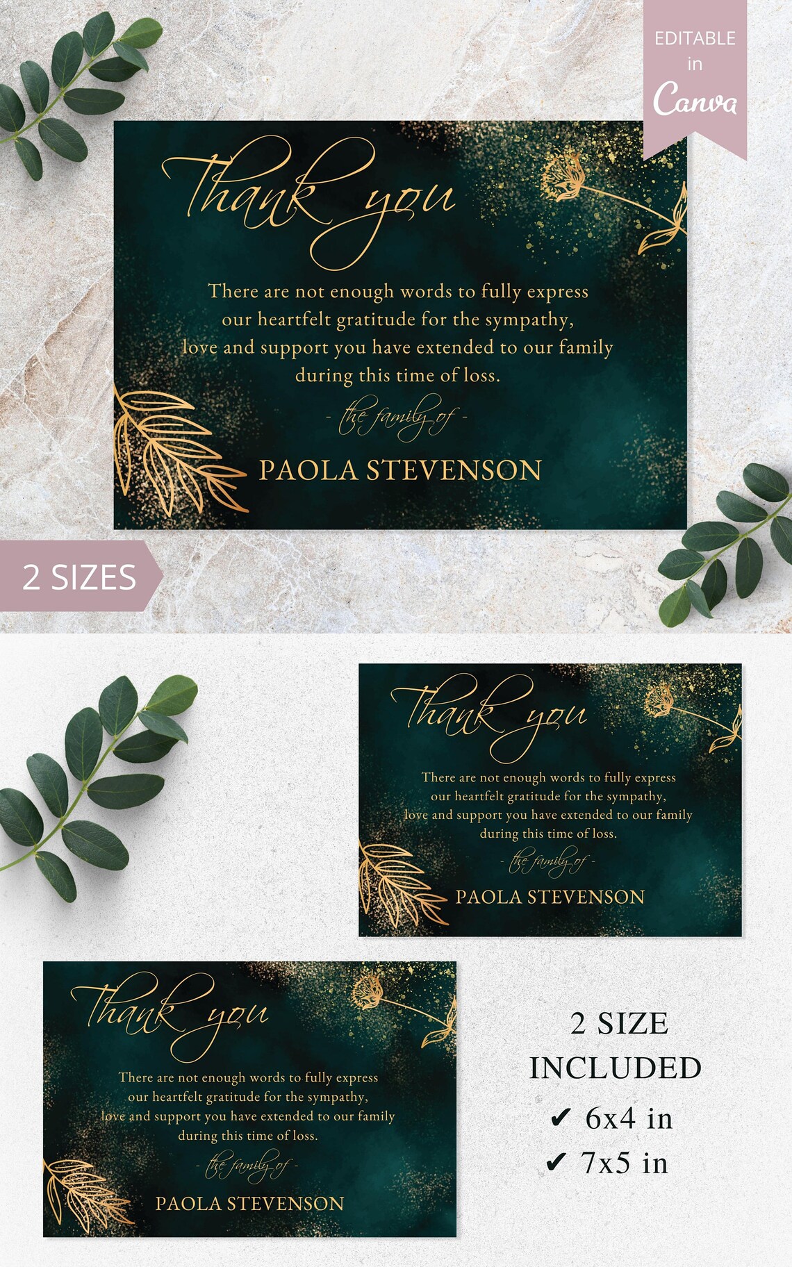 Green and Gold Funeral Thank You Card I Editable Canva Template I ...