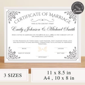 Customizable Wedding Certificate Template | Editable Canva MarriageTemplate | Personalized Keepsake Design for Wedding or Vow Renewal