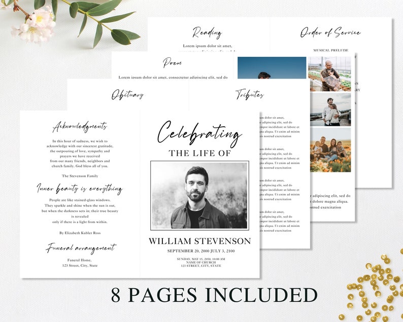 loss of father, funeral card, funeral brochure, celebration of life, funeral program, obituary template, loss of mother, in loving memory, loss of loved one, canva template, loss of grandmother, funeral template, obituary program