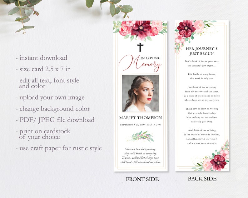 Obituary Bookmark Template Printable Floral Funeral Bookmark - Etsy
