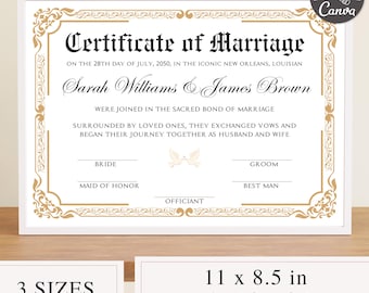 May include: A framed certificate of marriage with ornate gold and black detailing. The text reads "Certificate of Marriage" and includes the names Sarah Williams & James Brown, with the date July 28, 2050. The certificate is available in 3 sizes: 11 x 8.5 in, A4, and 10 x 8 in.