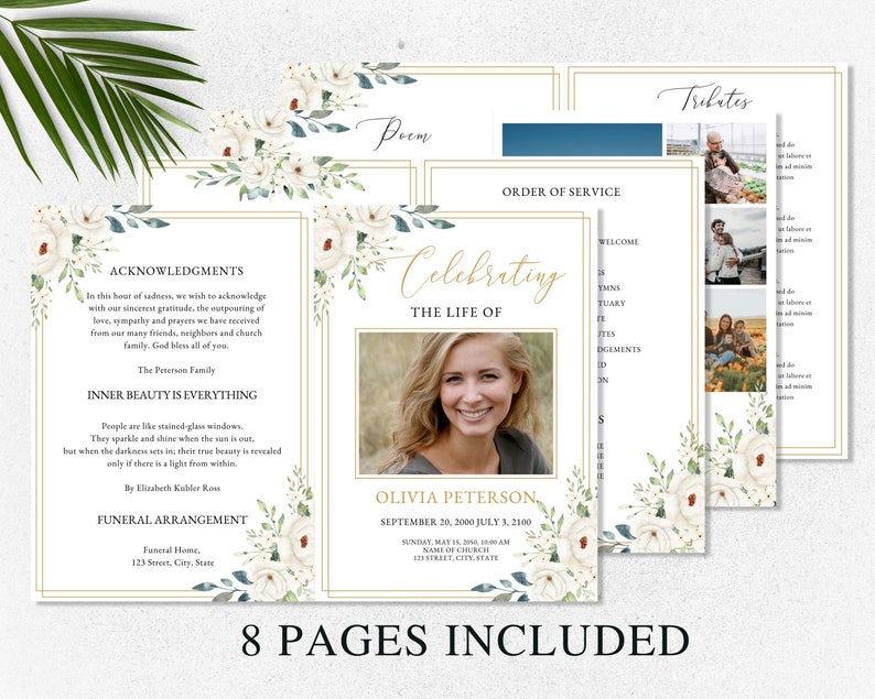 loss of father, funeral card, funeral brochure, celebration of life, funeral program, obituary template, loss of mother, in loving memory, loss of loved one, canva template, loss of grandmother, funeral template, obituary program