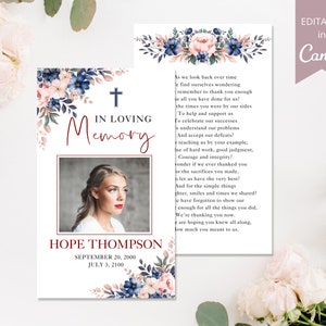 Floral Funeral Prayer Cards Template, Editable Canva Template, Loss Of Morther Obituary Template, Printable In Loving Memory Prayer Card,