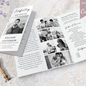 Modern Funeral Program, Printable Canva Template, Blue and Pink Editable Trifold Funeral Program, Loss of Loved One, 3 Sizes Obituary Card.