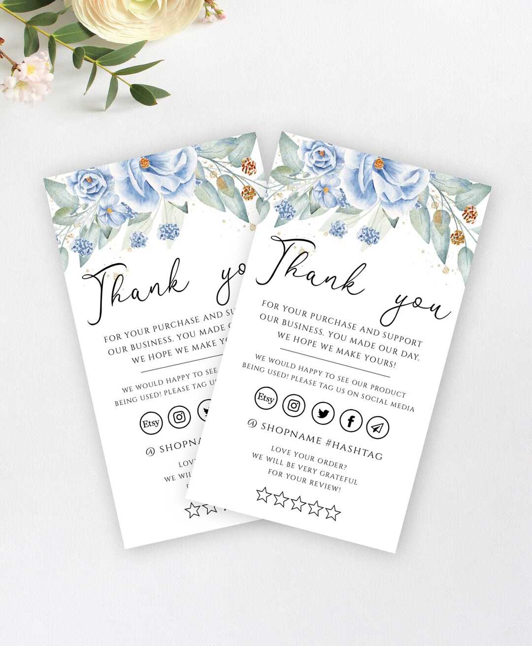 Floral Thank You Business Cards, Editable Thank You Card DIY, Printable ...