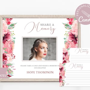 Funeral Share a Memory Cards I Editable Canva Template I Floral Share a Memory Sign I Celebration of Life I In Loving Memory I Memory Card