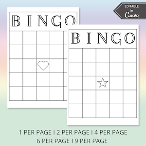 Blank Bingo Card Template | Canva Bingo Template | Vision Board Bingo, Coworker Bingo, Family Bingo | 1, 2, 4, 6, and 9 Per Page