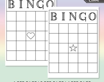 May include: Two blank bingo cards with the word "BINGO" at the top. The cards are divided into a 5x5 grid with a free space in the center. The free space on the left card has a heart shape and the free space on the right card has a star shape. The text "1 PER PAGE I 2 PER PAGE I 4 PER PAGE 6 PER PAGE I 9 PER PAGE" is at the bottom of the cards.