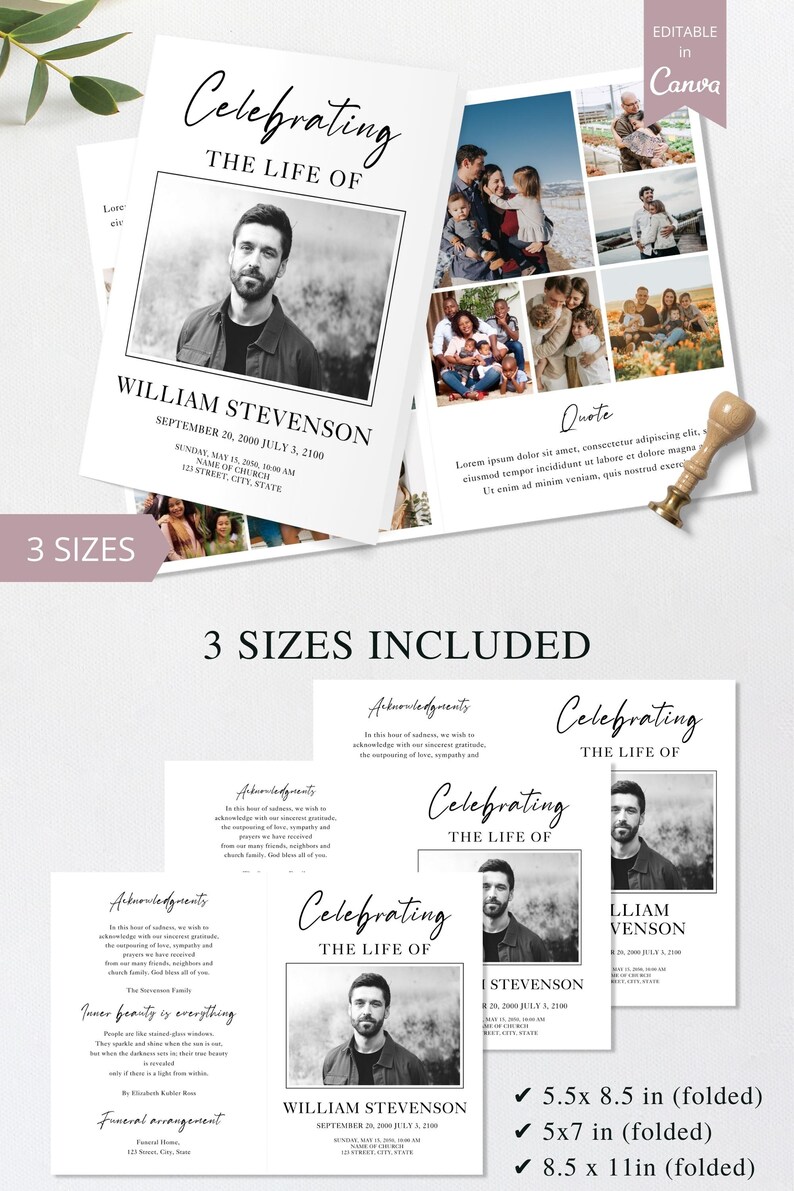 loss of father, funeral card, funeral brochure, celebration of life, funeral program, obituary template, loss of mother, in loving memory, loss of loved one, canva template, loss of grandmother, funeral template, obituary program