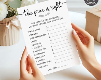 May include: A white paper game card titled The Price Is Right with black text listing baby essentials like diapers, wipes, shampoo, pacifier, lotion, bottle, baby food, teething ring, diaper cream, book, socks, and powder with lines for dollar amounts.