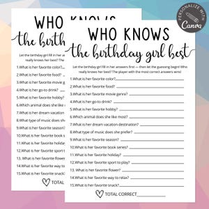 Who Knows The Birthday Girl Best Quiz Game | Canva Birthday Template | Trivia For Teens | Tween Birthday Game | Slumber Party Questions