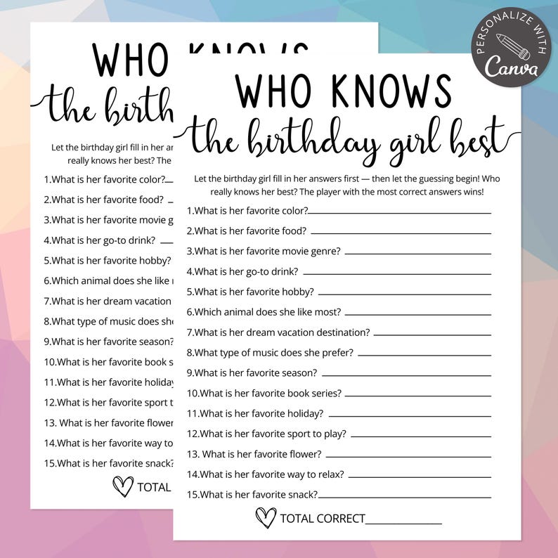 Who Knows The Birthday Girl Best Quiz Game | Canva Birthday Template | Trivia For Teens | Tween Birthday Game | Slumber Party Questions