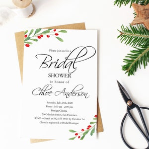 Christmas Bridal Shower Invitation Template, Printable Xmas Wedding ...