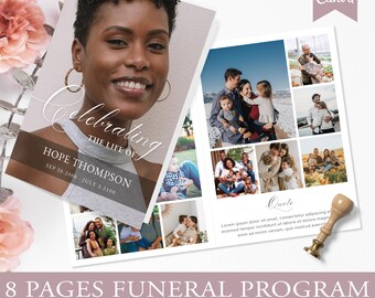 May include: A funeral program template with a portrait of a woman on the cover, with the text "Celebrating the Life of Hope Thompson." The program includes family photos and the text "8 PAGES FUNERAL PROGRAM" and "4 SIZES INCLUDED."