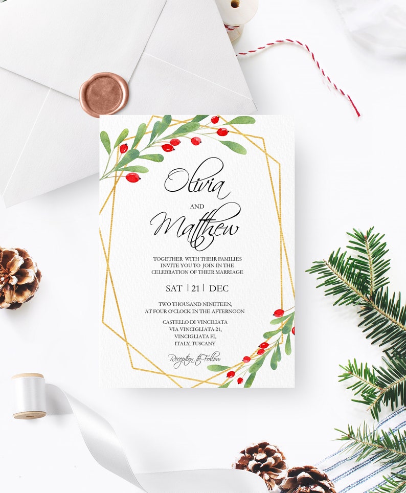 Christmas Wedding Geometric Invitation Printable Bridal image 0
