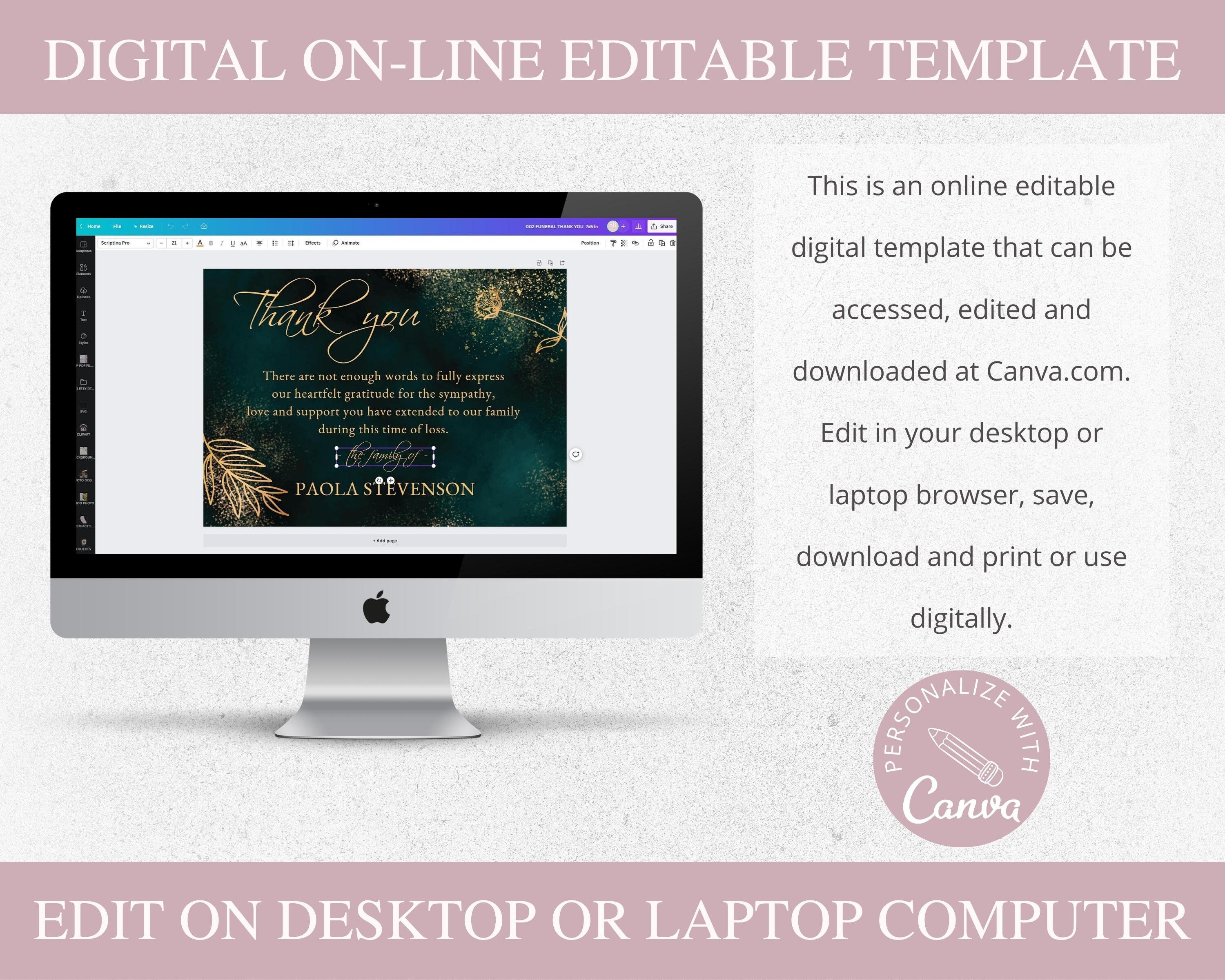 Green and Gold Funeral Thank You Card I Editable Canva Template I ...