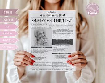 May include: A black and white newspaper print titled "The Birthday Post" celebrating Olivia's 80th birthday. The newspaper features a photo of Olivia, headlines, and sections like "Life Timeline" and "Today's Weather". Available in 5 sizes, including 21.6x28 cm.