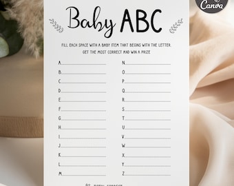 May include: A white rectangular baby shower game card titled Baby ABC in black text. The card features a list of letters from A to Z with lines for writing baby items, instructions to fill in the spaces, and a total correct line at the bottom.