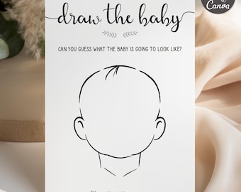 May include: A white card featuring the text "draw the baby" in a script font. Below, it reads "CAN YOU GUESS WHAT THE BABY IS GOING TO LOOK LIKE?" A simple line drawing of a baby's face is in the center. The bottom reads "WITH LOVE."