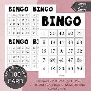 100 Printable Bingo Cards | 1, 2, 4 and 6 Per Page, Custom Bingo Card, Editable Canva Template, Party Games, Holiday Bingo, Adult Bingo PDF