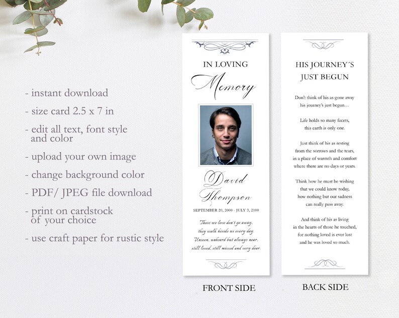 Editable Funeral Bookmark Template Printable Obituary - Etsy
