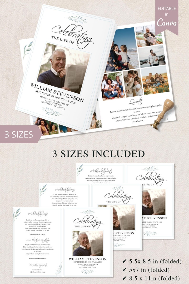 loss of father, funeral card, funeral brochure, celebration of life, funeral program, obituary template, loss of mother, in loving memory, loss of loved one, canva template, loss of grandmother, funeral template, obituary program