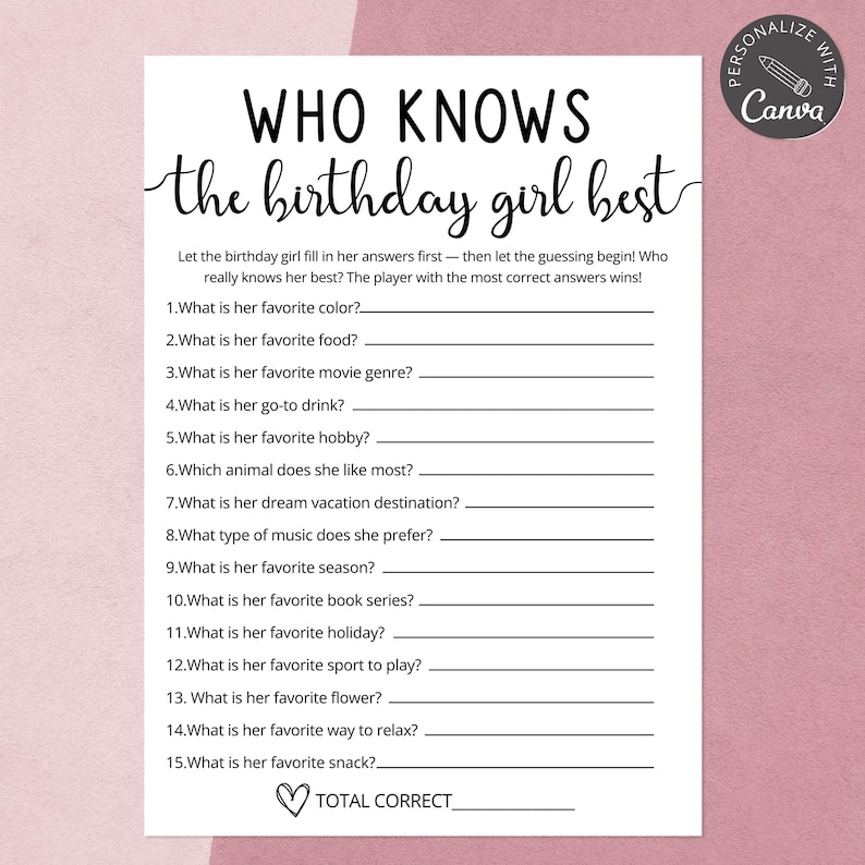 Who Knows The Birthday Girl Best Quiz Game | Canva Birthday Template | Trivia For Teens | Tween Birthday Game | Slumber Party Questions