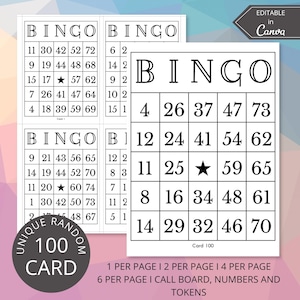 100 Printable Bingo Cards | 1, 2, 4 and 6 Per Page, Custom Bingo Card, Editable Canva Template, Party Games, Holiday Bingo, Adult Bingo PDF
