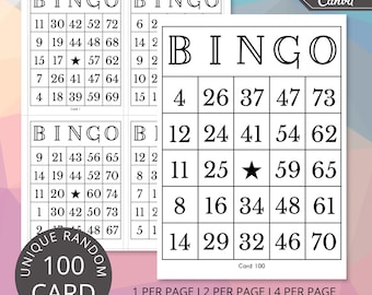 100 kart bingo do druku | 1, 2, 4 i 6 na stronie, spersonalizowana karta bingo, edytowalny szablon Canva, gry towarzyskie, bingo świąteczne, bingo dla dorosłych w formacie PDF