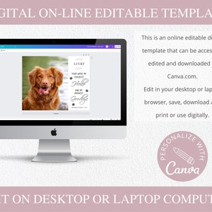 May include: A digital template for a pet memorial card. The template features a photo of a brown dog with a black nose and tongue sticking out. The text on the card reads "Lucky, You were my favourite, Hello, and my hardest Goodbye".