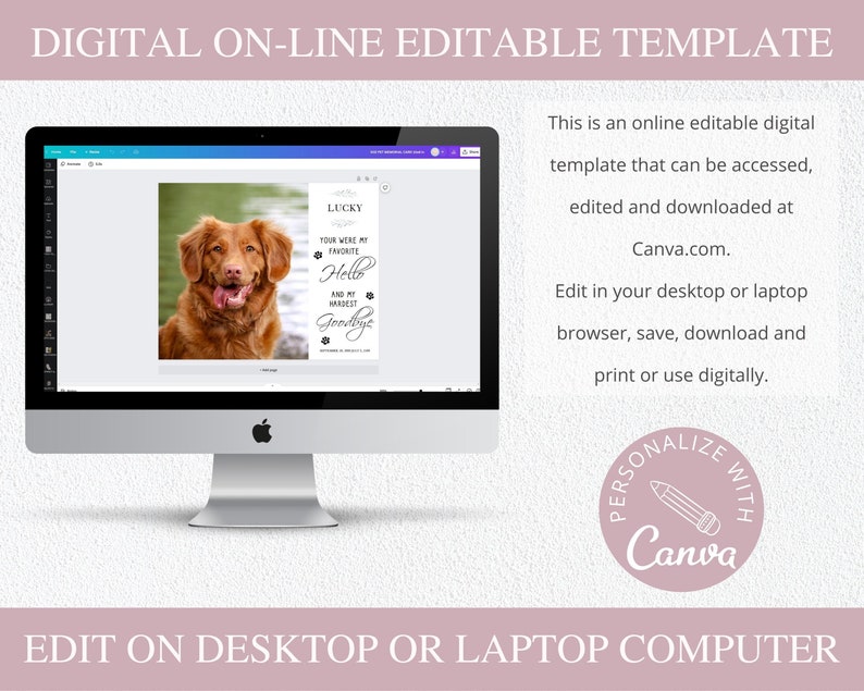 May include: A digital template for a pet memorial card. The template features a photo of a brown dog with a black nose and tongue sticking out. The text on the card reads "Lucky, You were my favourite, Hello, and my hardest Goodbye".