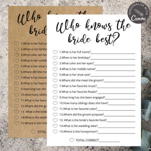 Who Knows the Bride Best Game | Printable Bridal Shower Game, Bachelorette Party Fun, Canva Template, Instant Download, Wedding Quiz