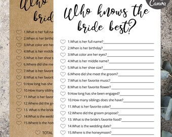 Who Knows the Bride Best Game | Printable Bridal Shower Game, Bachelorette Party Fun, Canva Template, Instant Download, Wedding Quiz