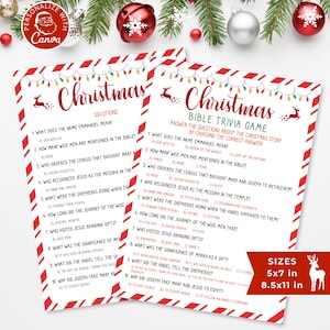 May include: Two printable Christmas trivia game cards with red and white candy cane stripes. The first card has the title "Christmas Solutions" and the second card has the title "Christmas Bible Trivia Game". Both cards have 10 questions about the Christmas story.