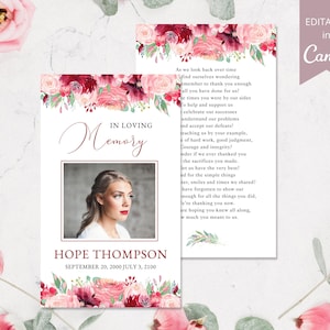 Floral Funeral Prayer Cards Template, Editable Canva Template, Loss Of Morther Obituary Template, Printable In Loving Memory Prayer Card,