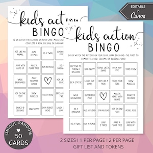 Puede incluir: Dos tarjetas blancas de Bingo de acción para niños con texto negro. Las tarjetas tienen una cuadrícula de indicaciones de acción como "Act Like an Animal" y "Jump 3 Times". Un gráfico circular dice "Unique Random 50 Cards". El texto en la parte inferior dice "2 Sizes | 1 per page | 2 per page."