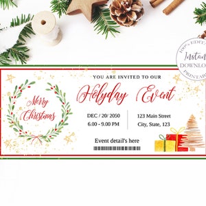 Christmas Holiday Event Ticket, Printable Xmas Party Invitation, Editable Christmas Cards Template, Instant Download. SRP-011