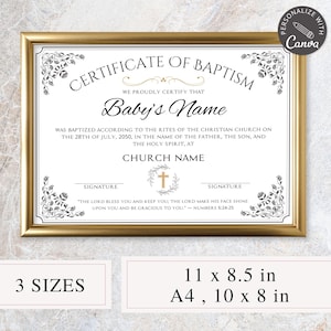 Editable Baptism Certificate Canva Template | Customizable Church Baptism Form | Printable Christening Keepsake