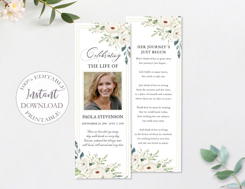 Obituary Bookmark Editable White Flowers Printable Funeral - Etsy