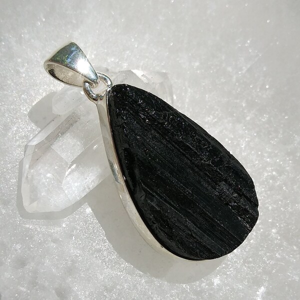 Black Tourmaline Pendant/ Sterling Silver/ Teardrop Shaped Pendant/ Women's Pendant/ Stone of Protection/Raw Black Tourmaline Stone