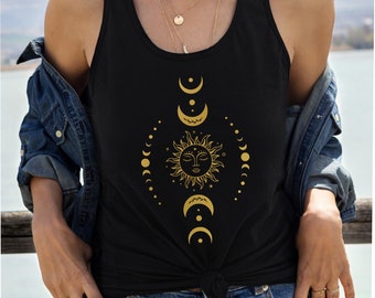 Hexen-Geschenk für Frauen, Boho-Tanktop, Hexen-Tanktop, schwarzes Racerback-Tanktop, himmlisches Tanktop, Sonne-und-Mond-Shirt, Hexen-Shirt
