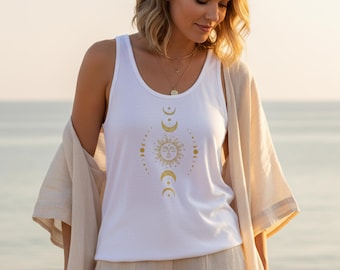 Boho Tank Top for Women | Sun and Moon Shirt | Black Racerback Tank | Witchy Celestial Top