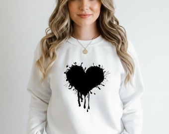 Schwarzer Herz Pullover für Frauen, Schwarzes Herz Sweatshirt, Splatter Herz Shirt, Valentine Herz Top