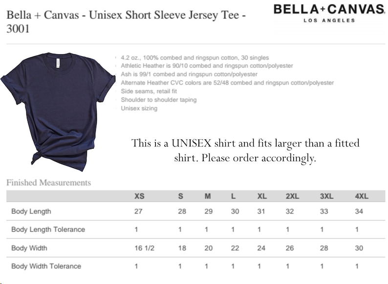 K&ouml;nnte beinhalten: Ein marineblaues Unisex-T-Shirt mit kurzen &Auml;rmeln von Bella + Canvas. Das Bild enth&auml;lt fertige Ma&szlig;e f&uuml;r verschiedene Gr&ouml;&szlig;en, mit K&ouml;rperl&auml;ngen von 68,5 bis 86,4 cm und K&ouml;rperbreiten von 41,9 bis 76,2 cm. Das Shirt besteht aus einer Baumwollmischung.
