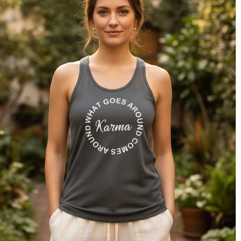 May include: Dark gray tank top with the text "Karma" in a circular design. The text "WHAT GOES AROUND COMES AROUND" surrounds the word "Karma". The tank top is a scoop neck style.
