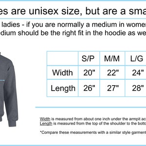 May include: A gray unisex hoodie with a size chart. The chart shows width measurements from 20 inches to 26 inches and length measurements from 26 inches to 29 inches. Text states the hoodies are a smaller fit.